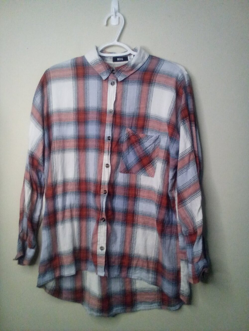 BDG Shirt Women M Button Up Long Sleeve Lace Detail Western Plaid Red